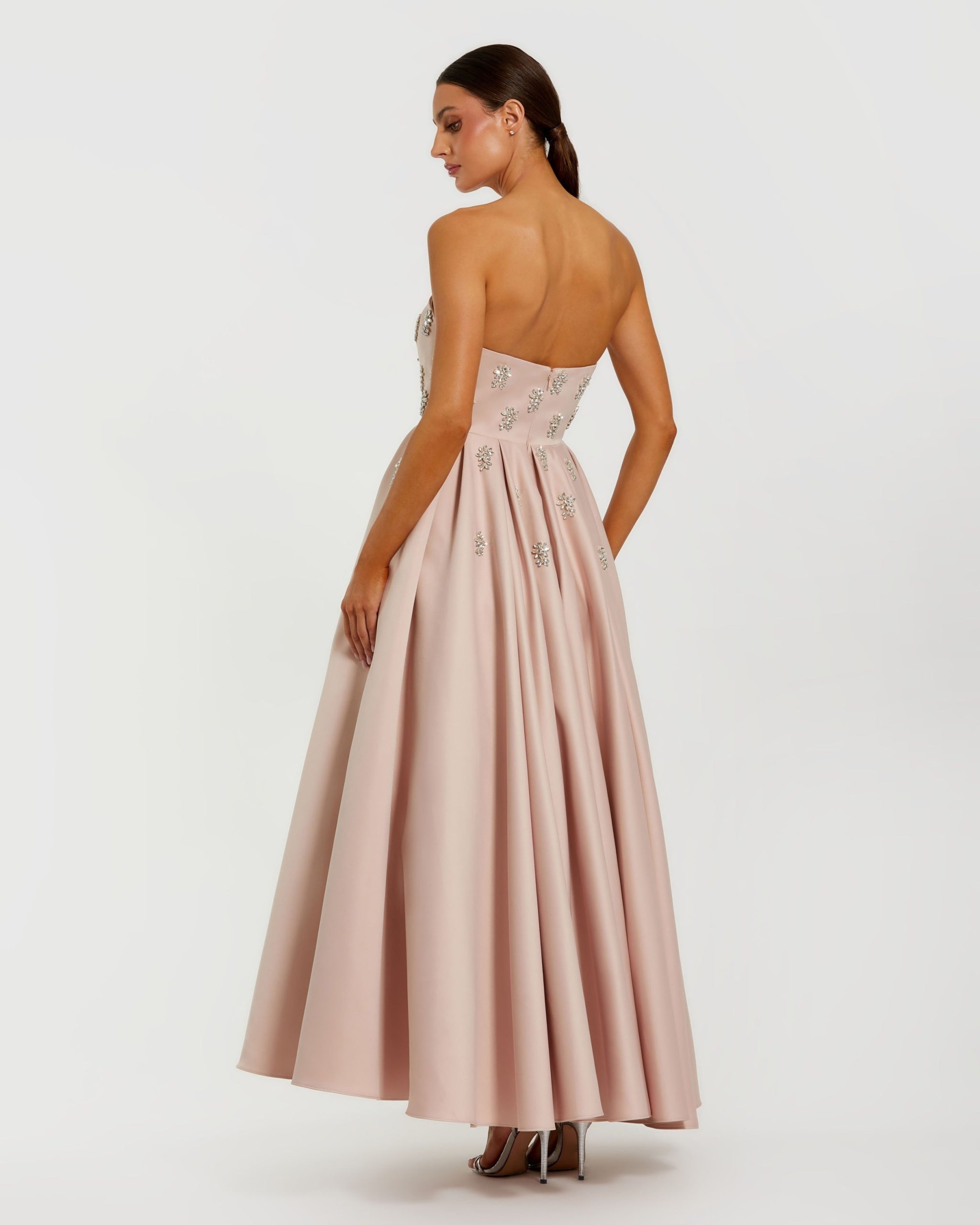 Pink Crystal Embellished Strapless Satin A-Line Dress - Image 3
