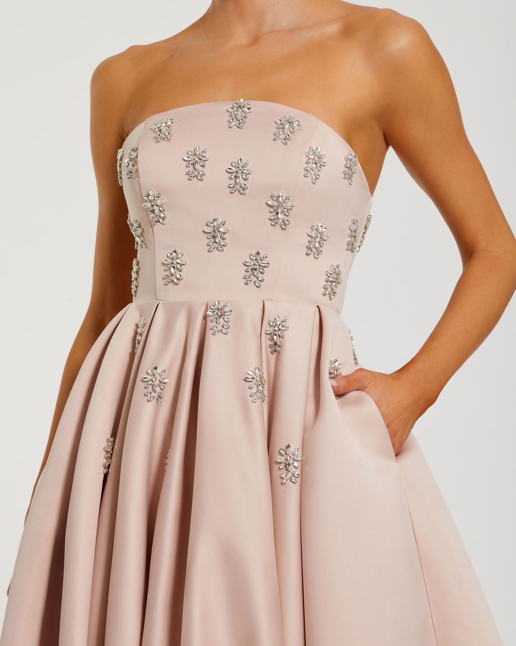 Pink Crystal Embellished Strapless Satin A-Line Dress - Image 2