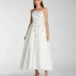 White Crystal Embellished Strapless Satin A-Line Dress