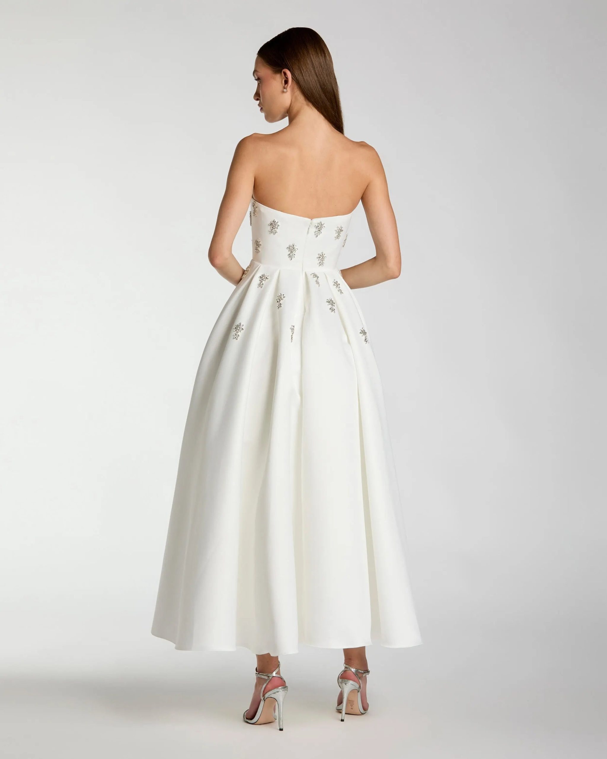 White Crystal Embellished Strapless Satin A-Line Dress - Image 3