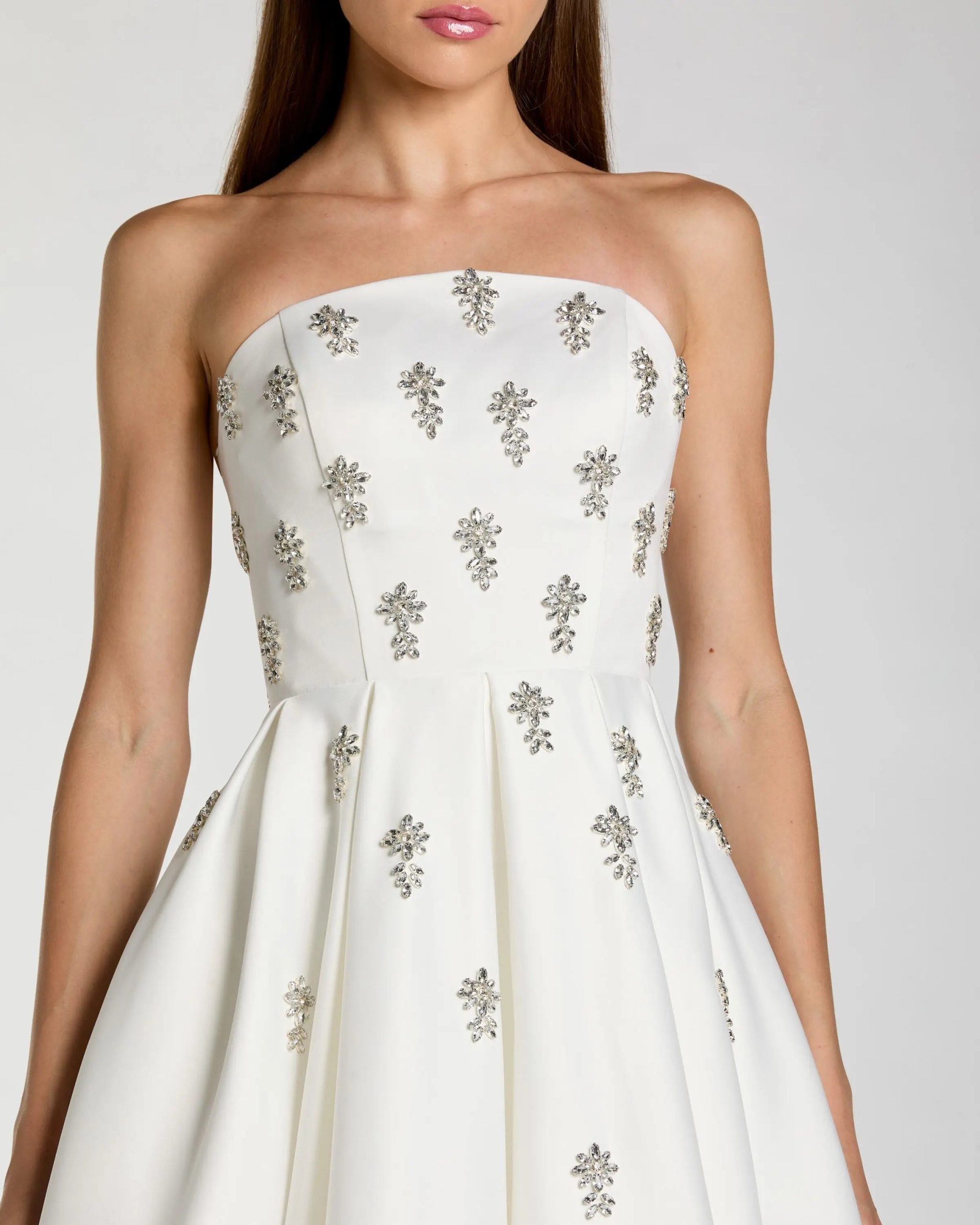 White Crystal Embellished Strapless Satin A-Line Dress - Image 2