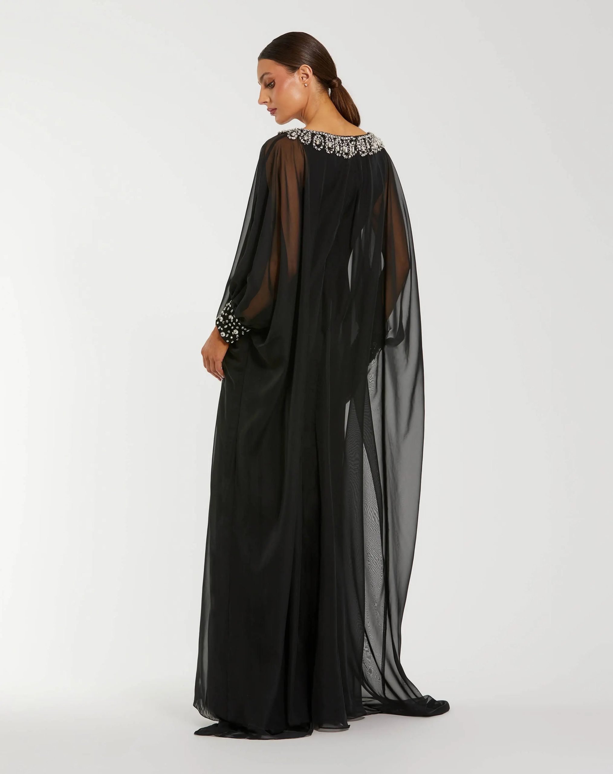 Black Long Sleeve Embellished Chiffon Kaftan Gown - Image 3
