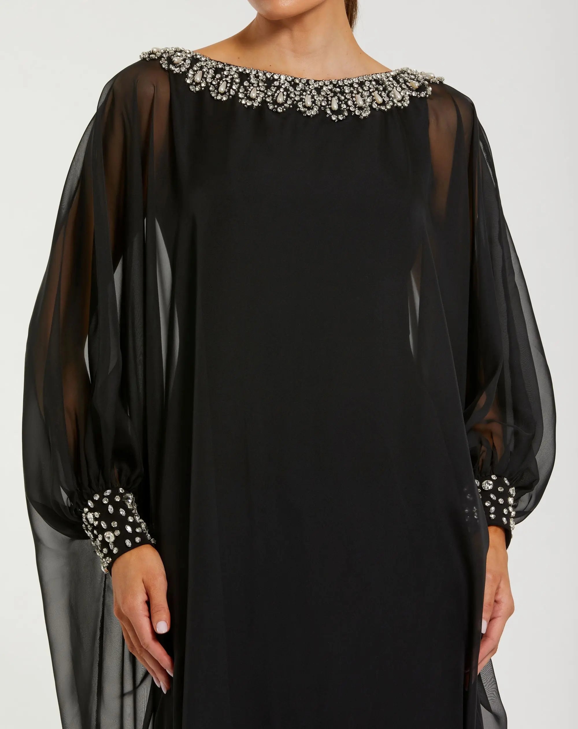 Black Long Sleeve Embellished Chiffon Kaftan Gown - Image 2