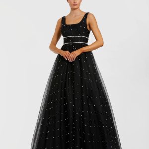 Black Pearl Embellished Tulle Sleeveless Ball Gown
