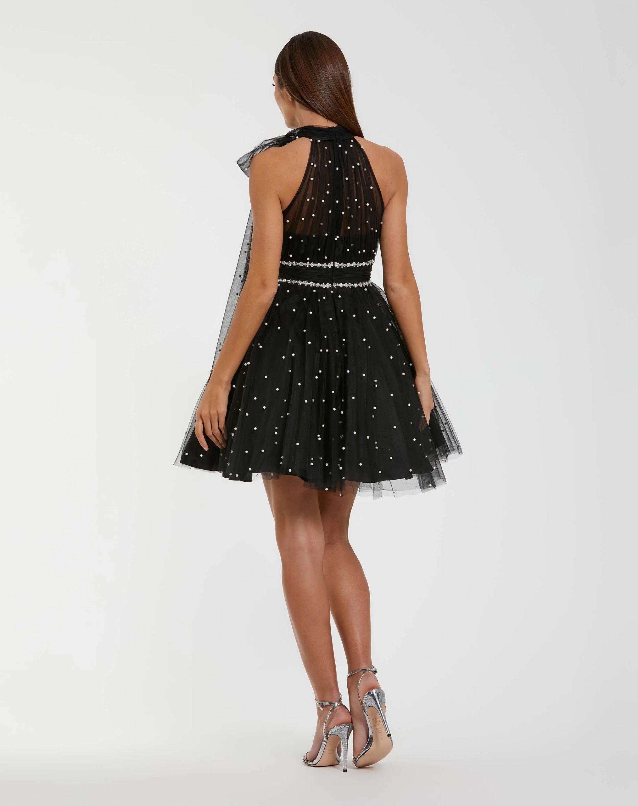 Black Pearl Embellished A Line Mini Dress with Bow - Image 3
