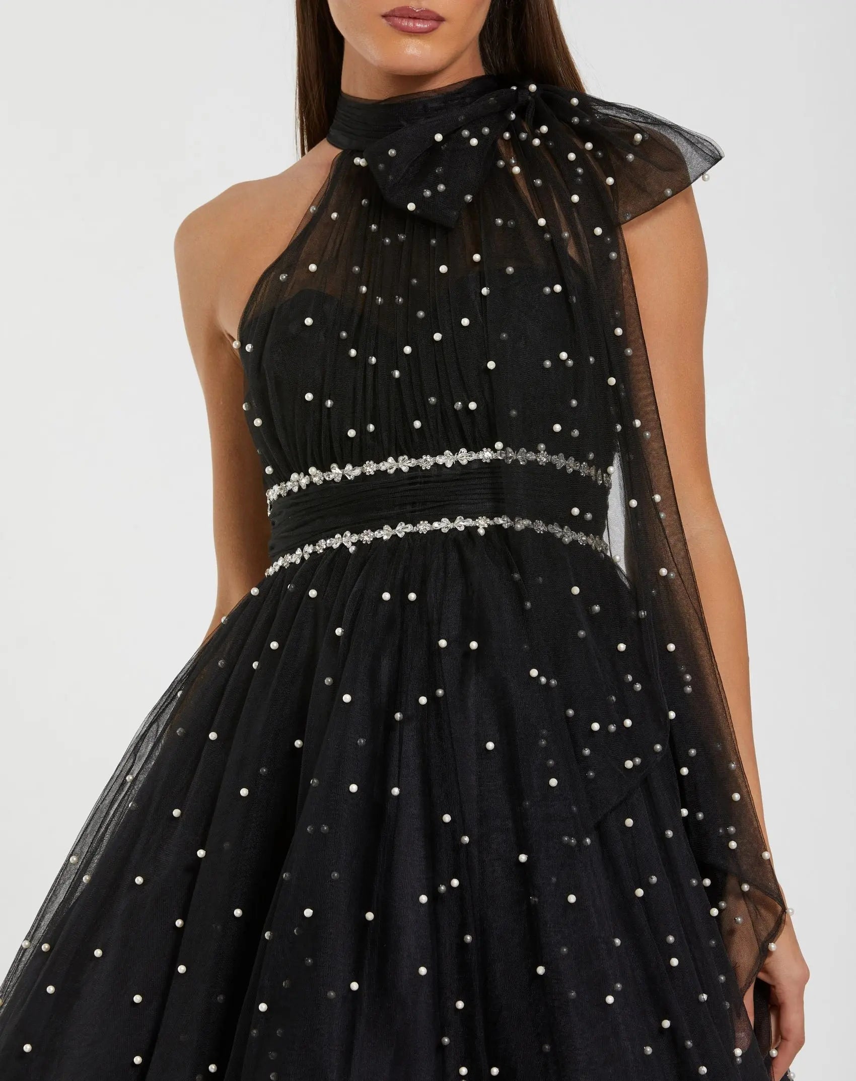 Black Pearl Embellished A Line Mini Dress with Bow - Image 2