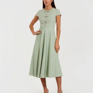 Green Embellished Crepe Cap Sleeve Midi Dress