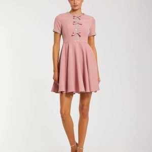 Pink Crepe A Line Mini Dress With Rhinestone Beading