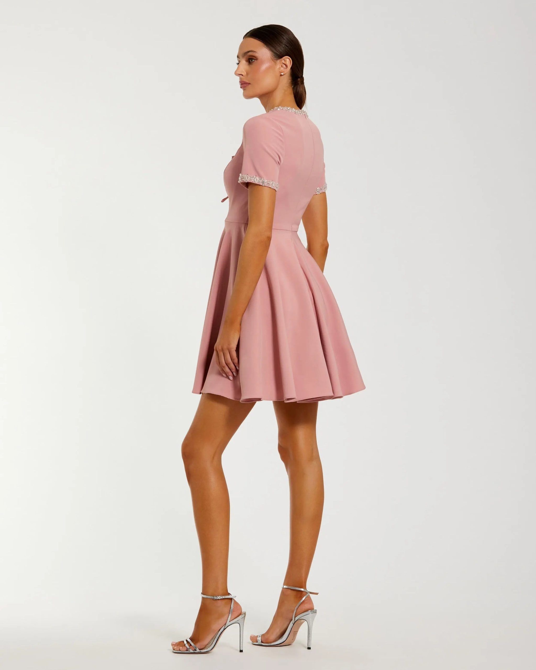 Pink Crepe A Line Mini Dress With Rhinestone Beading - Image 3