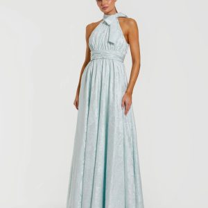 Blue Sleeveless Halter Neck Brocade Gown With Bow Detail
