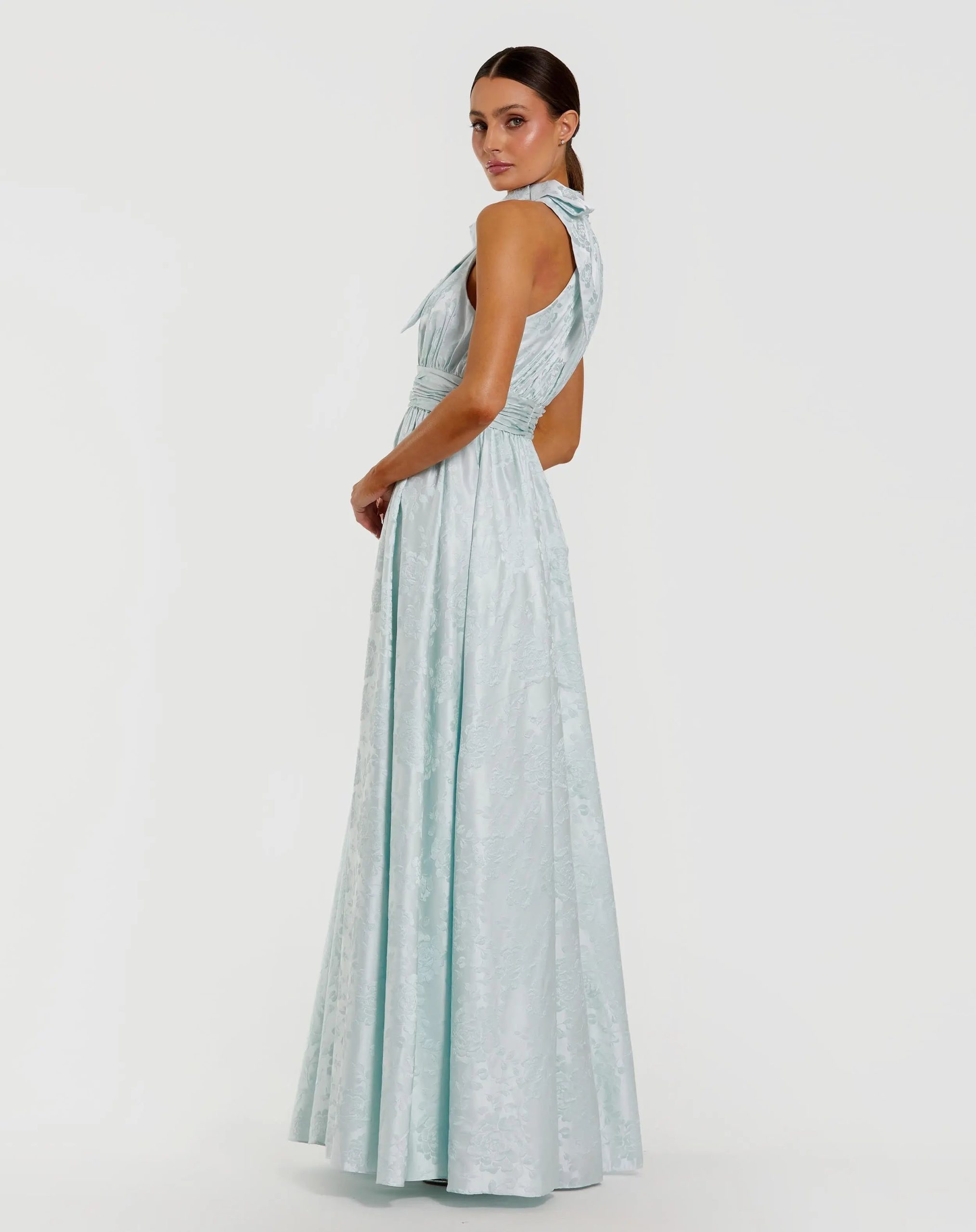 Blue Sleeveless Halter Neck Brocade Gown With Bow Detail - Image 3