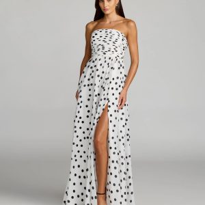 White Polka Dot Strapless Viscose Gown With Slit