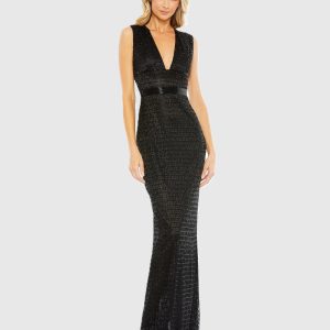 Black Beaded Cap Sleeve V Neck Column Gown