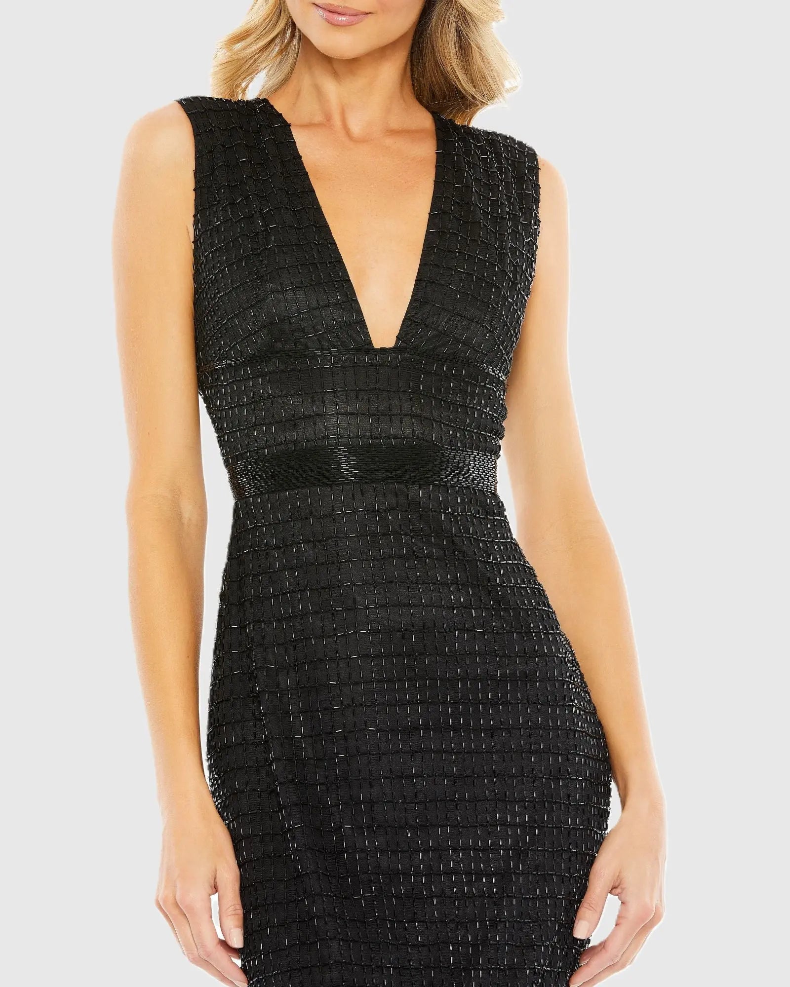 Black Beaded Cap Sleeve V Neck Column Gown - Image 2