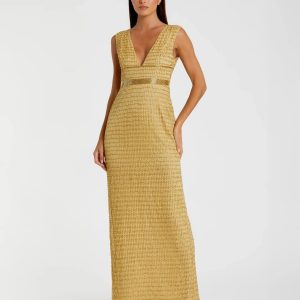 Gold Beaded Cap Sleeve V Neck Column Gown