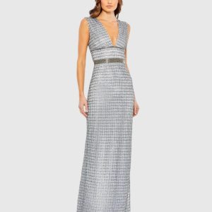 Silver Beaded Cap Sleeve V Neck Column Gown