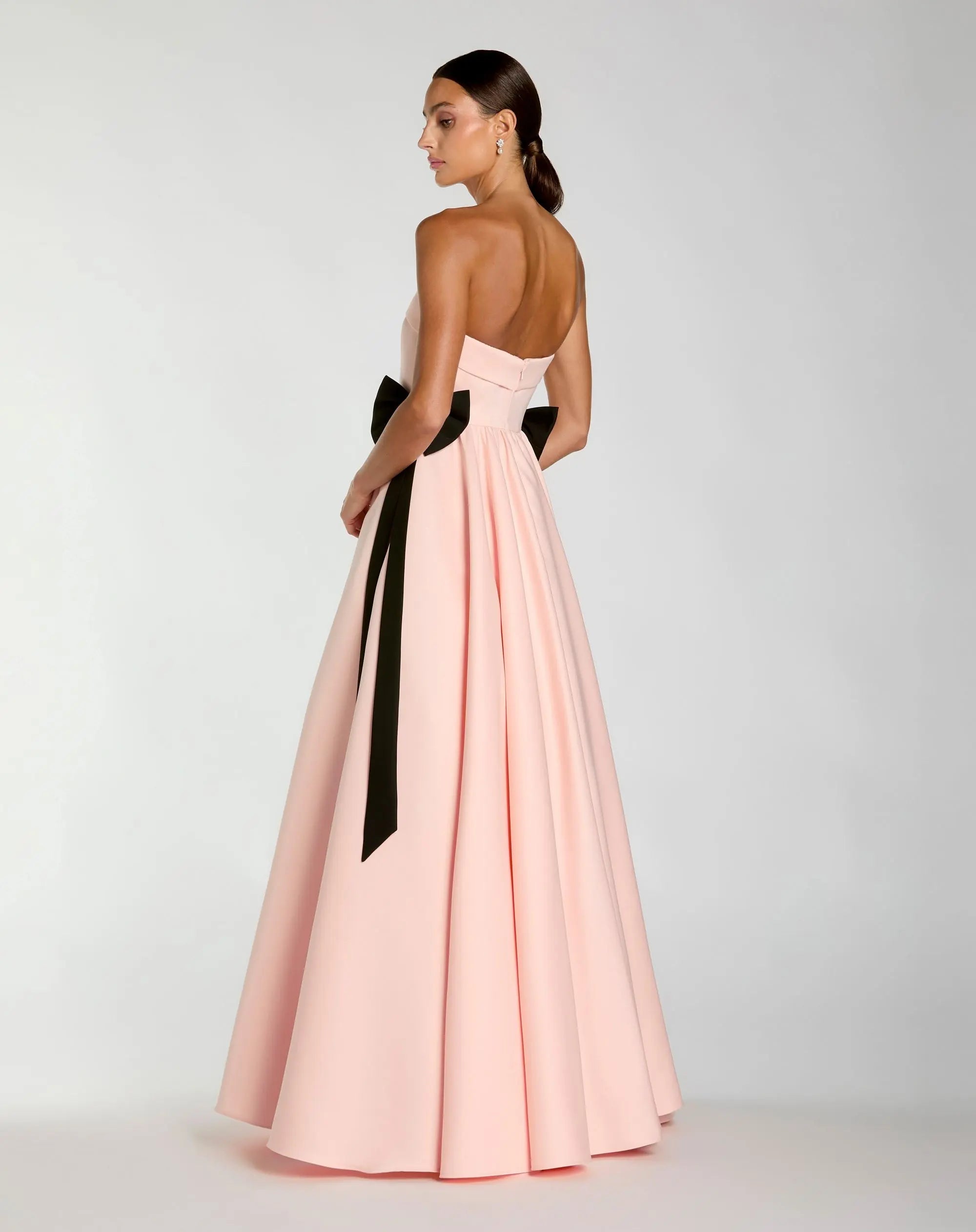Pink Satin Strapless Ball Gown With Bow Details - Image 3