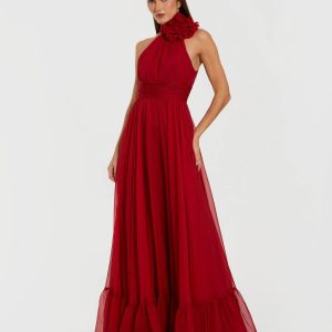 Red Halter Neck Chiffon Gown With 3D Flower