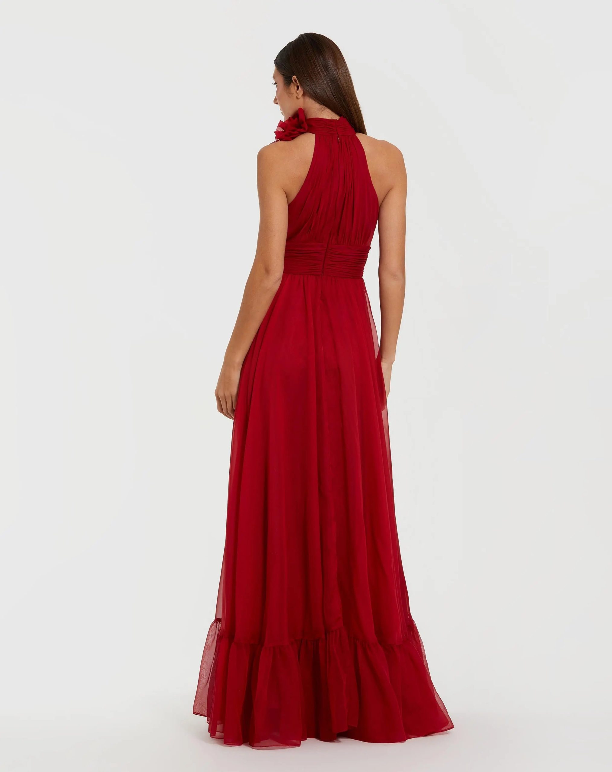 Red Halter Neck Chiffon Gown With 3D Flower - Image 3