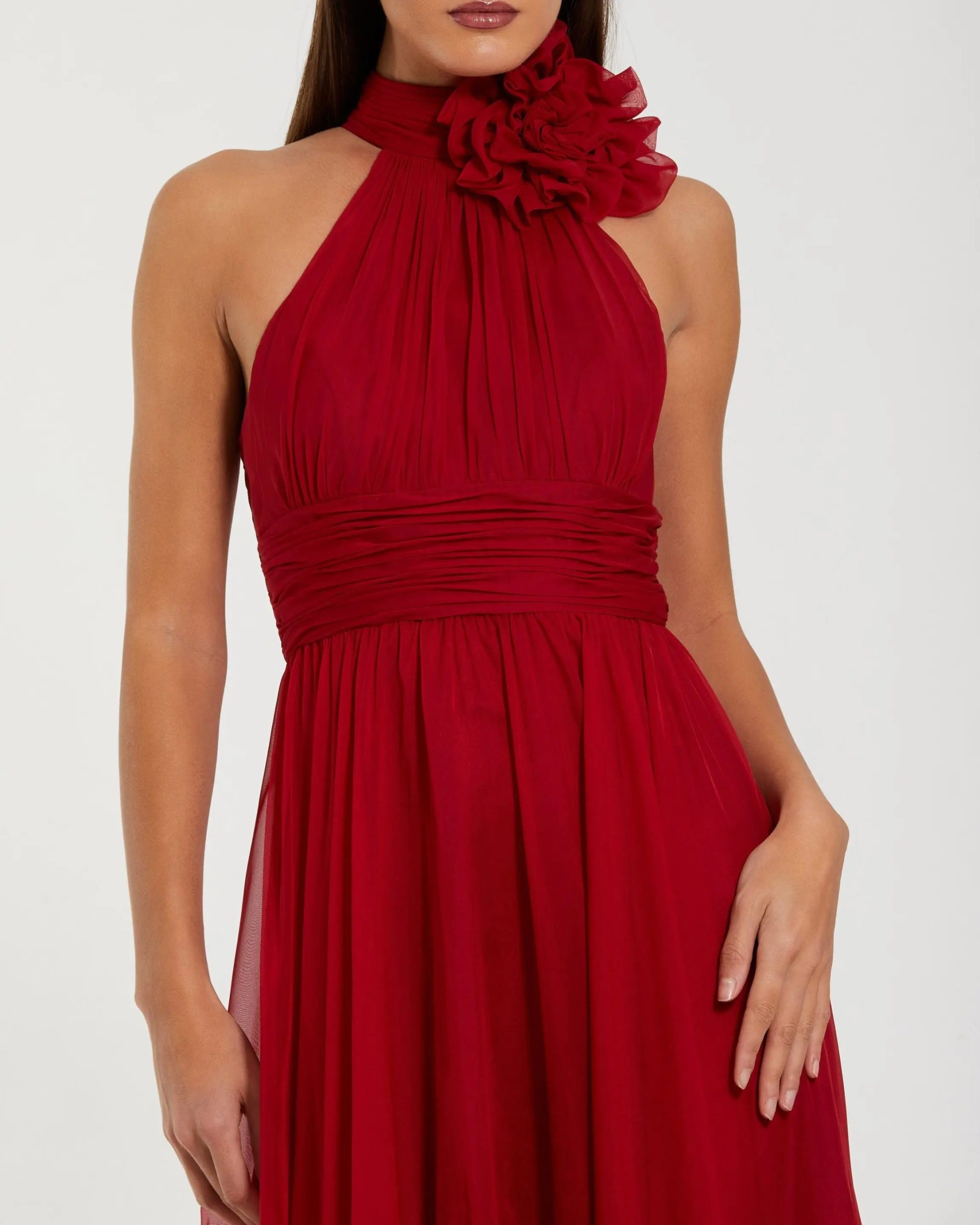 Red Halter Neck Chiffon Gown With 3D Flower - Image 2