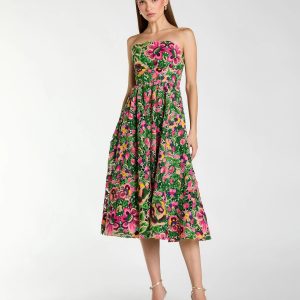 Green Strapless Floral Embroidered Midi Dress
