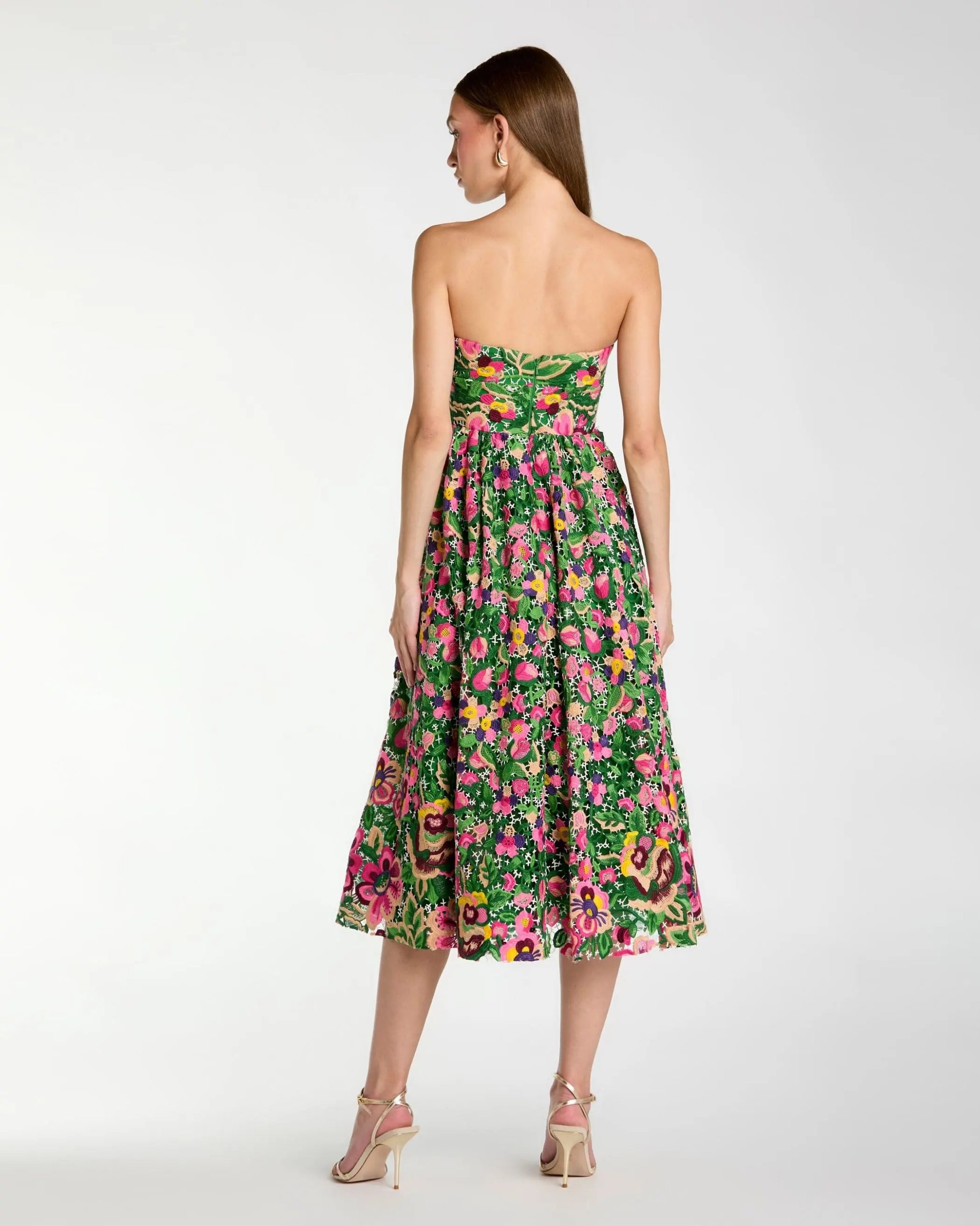 Green Strapless Floral Embroidered Midi Dress - Image 3