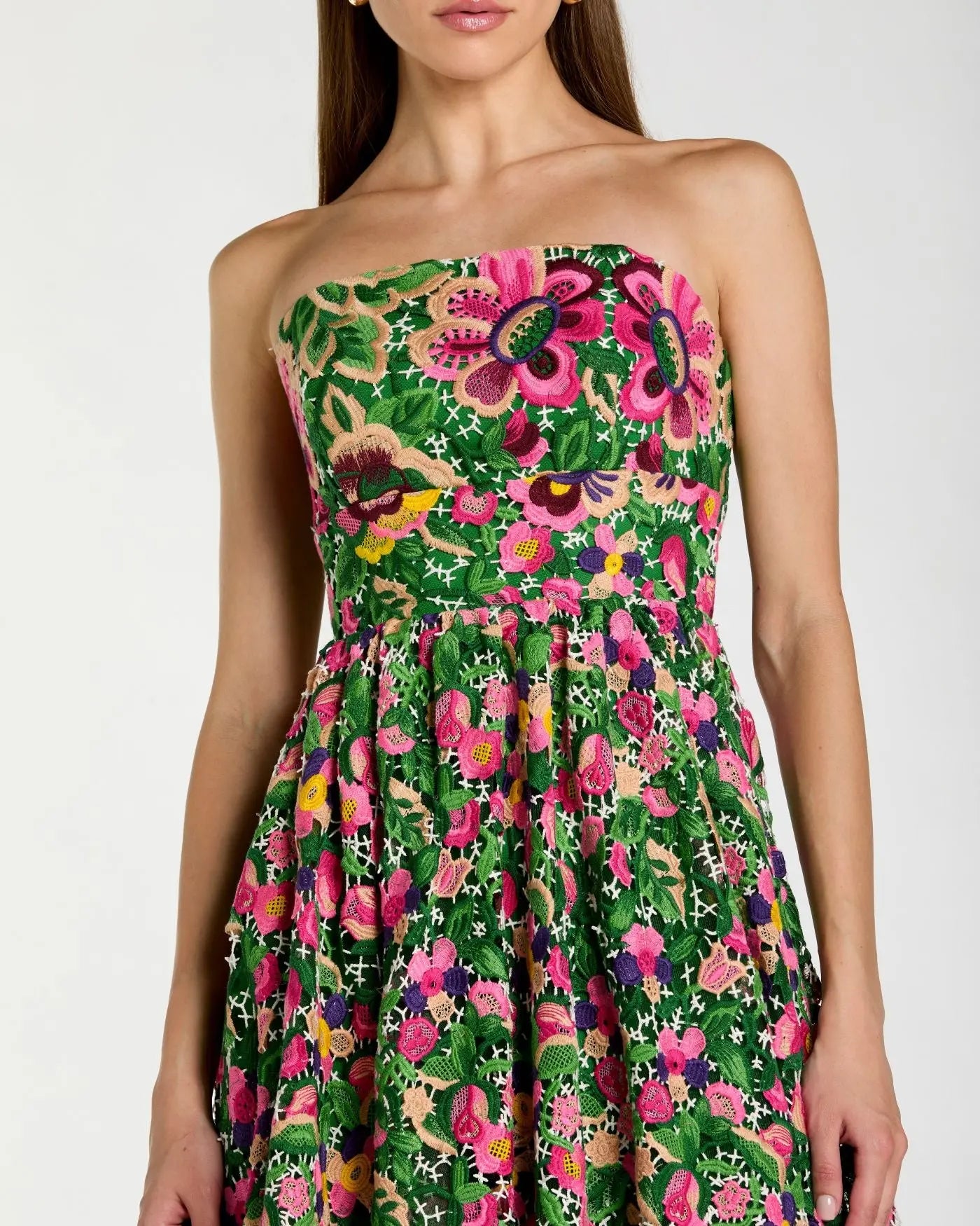 Green Strapless Floral Embroidered Midi Dress - Image 2