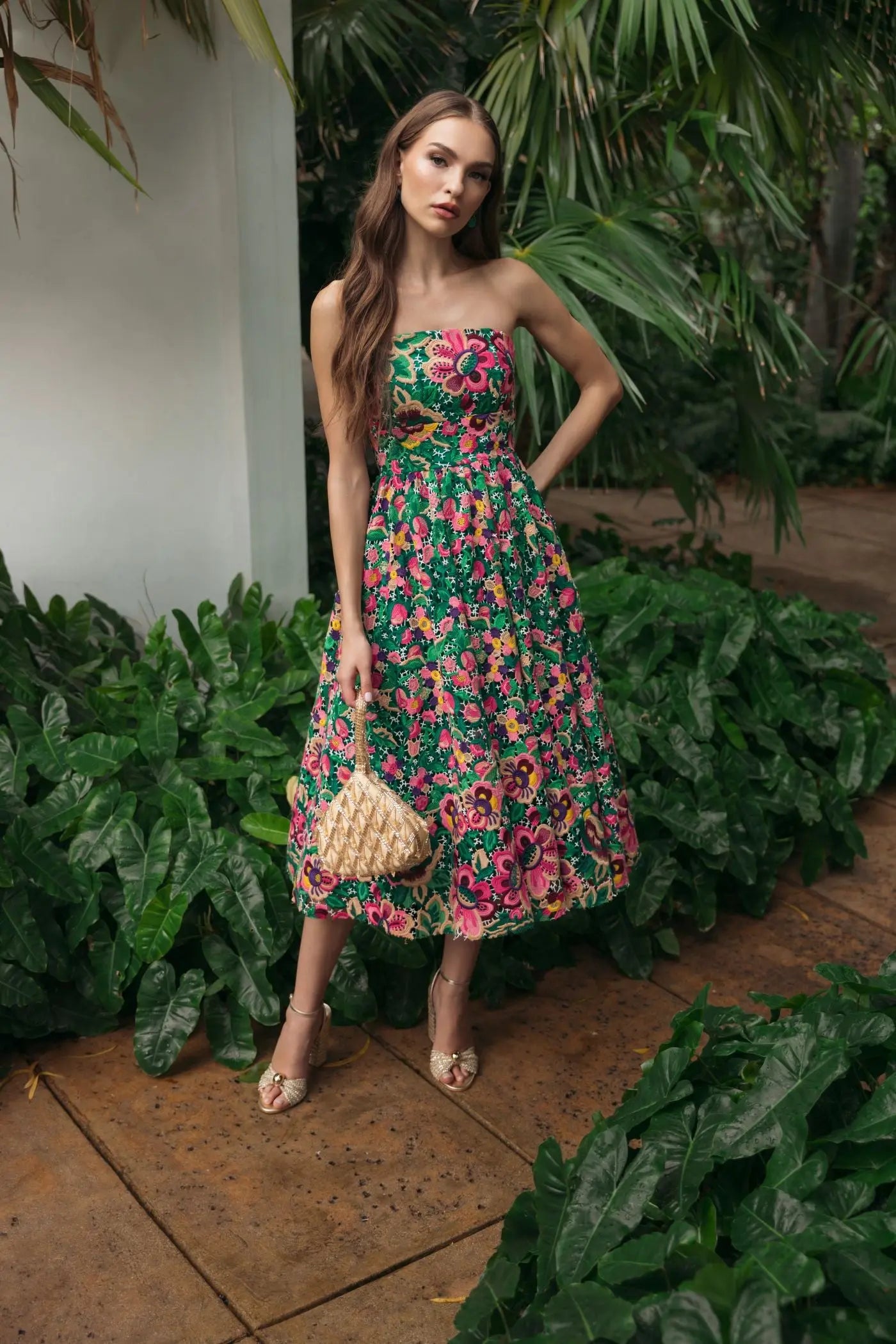 Green Strapless Floral Embroidered Midi Dress - Image 6