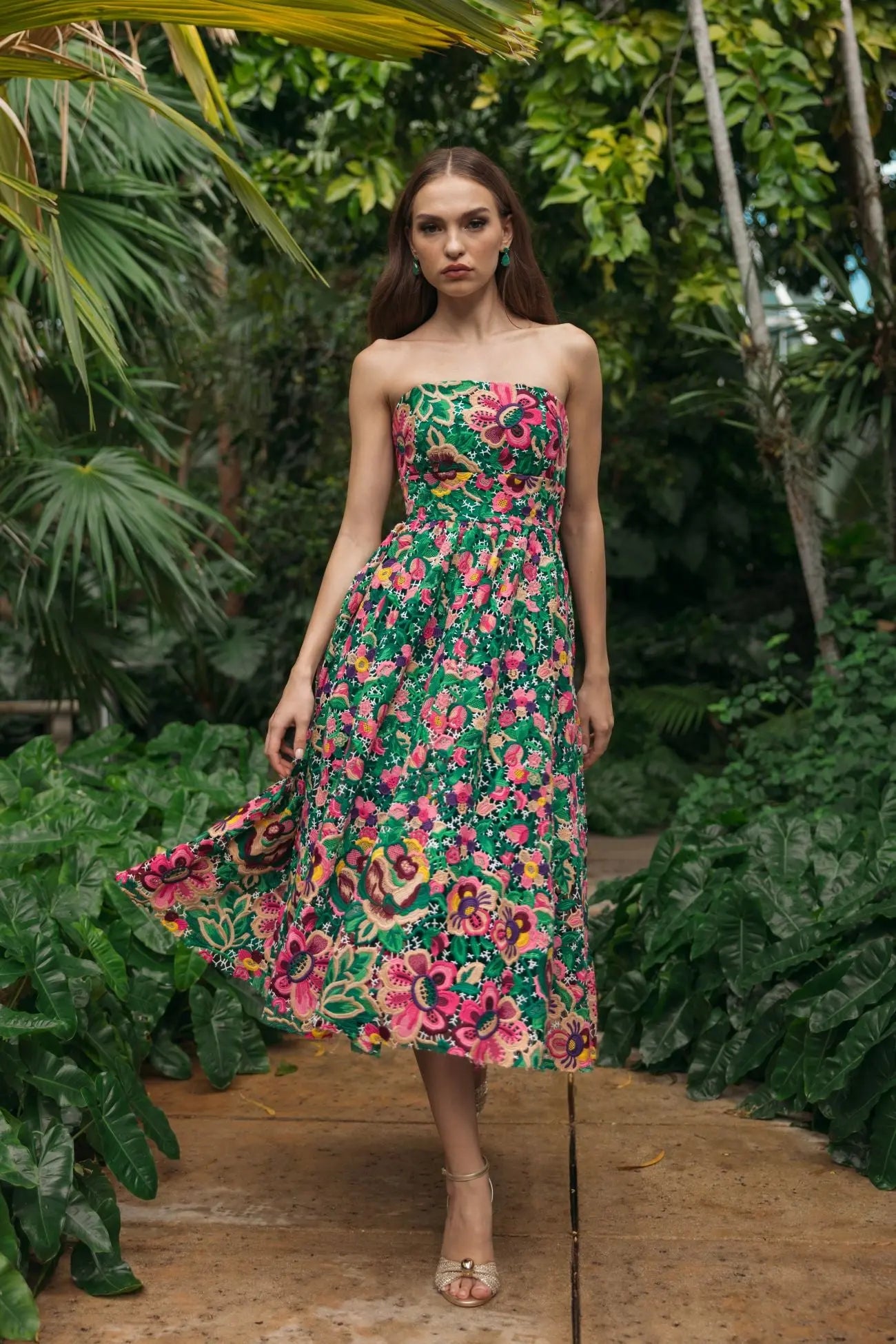 Green Strapless Floral Embroidered Midi Dress - Image 4