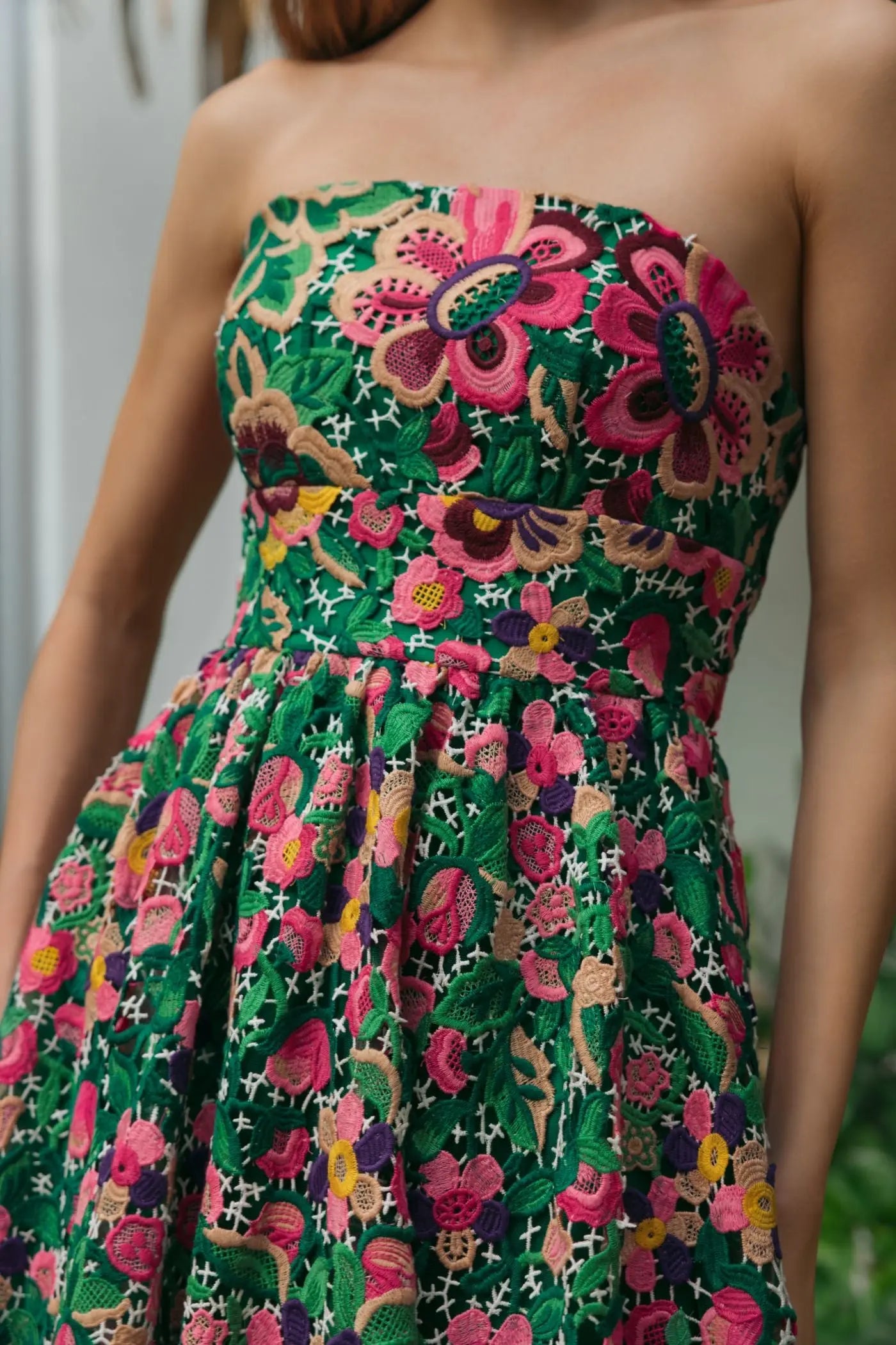 Green Strapless Floral Embroidered Midi Dress - Image 5