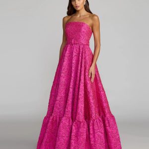 Pink Strapless Floral Brocade Ball Gown With Belt