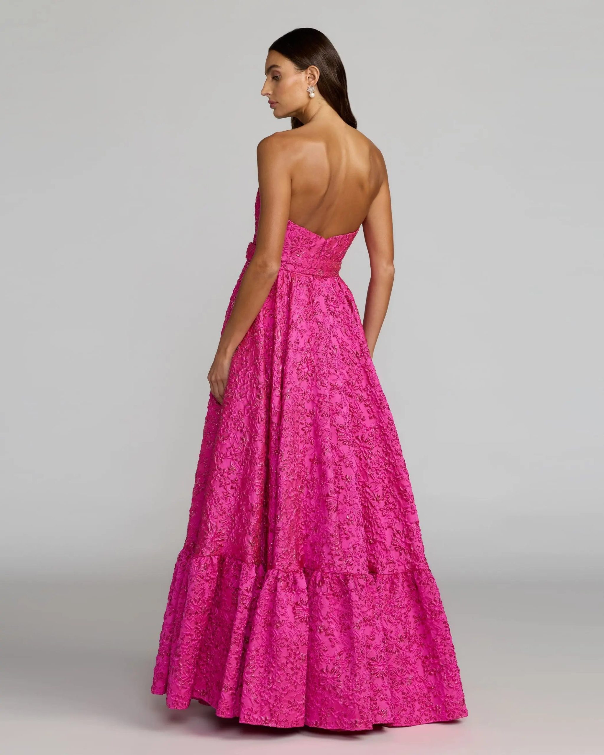 Pink Strapless Floral Brocade Ball Gown With Belt - Image 4