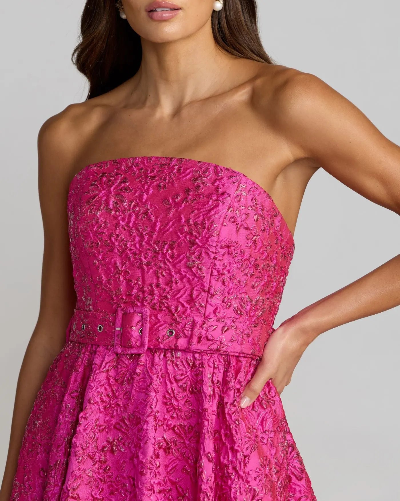 Pink Strapless Floral Brocade Ball Gown With Belt - Image 2