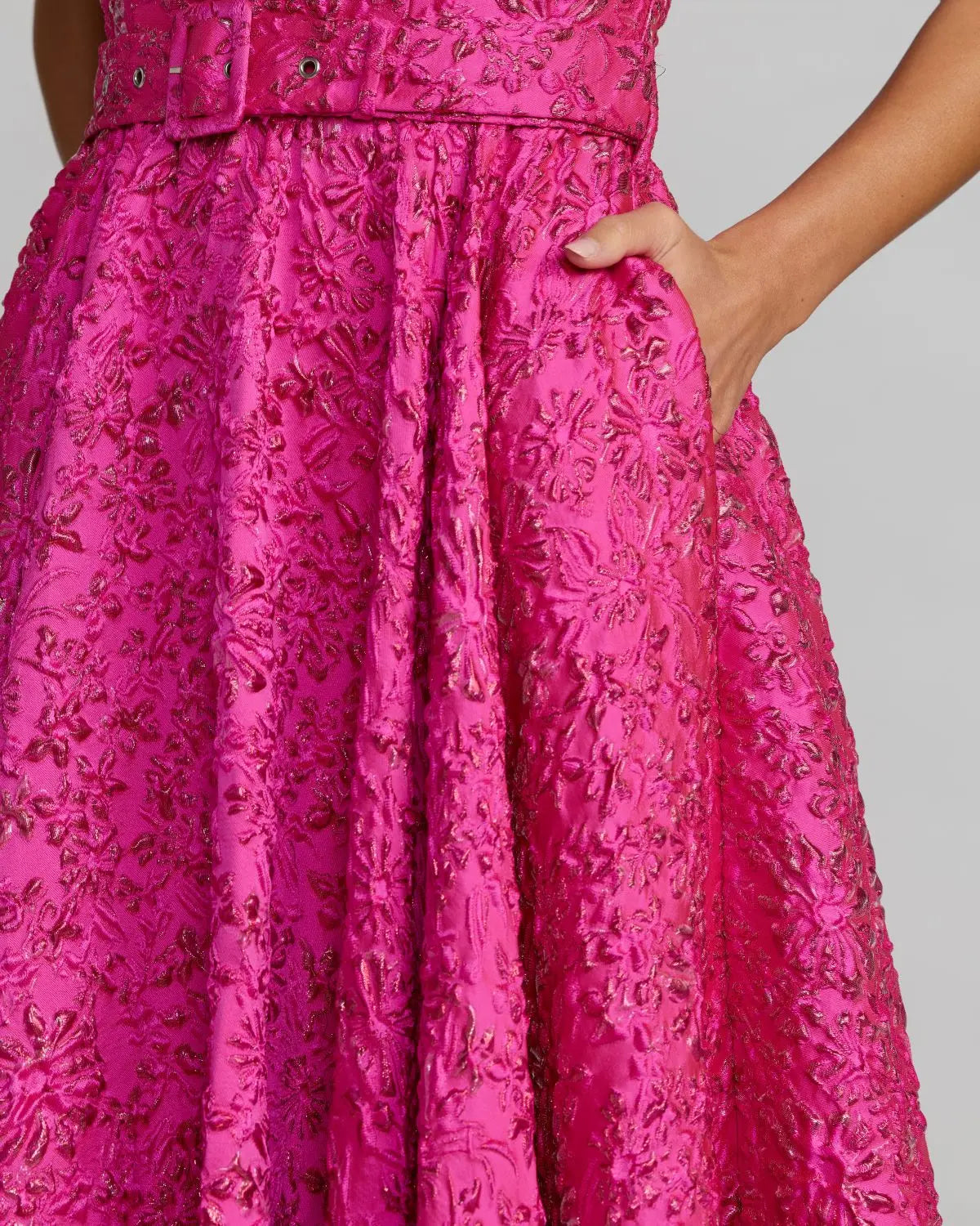 Pink Strapless Floral Brocade Ball Gown With Belt - Image 3