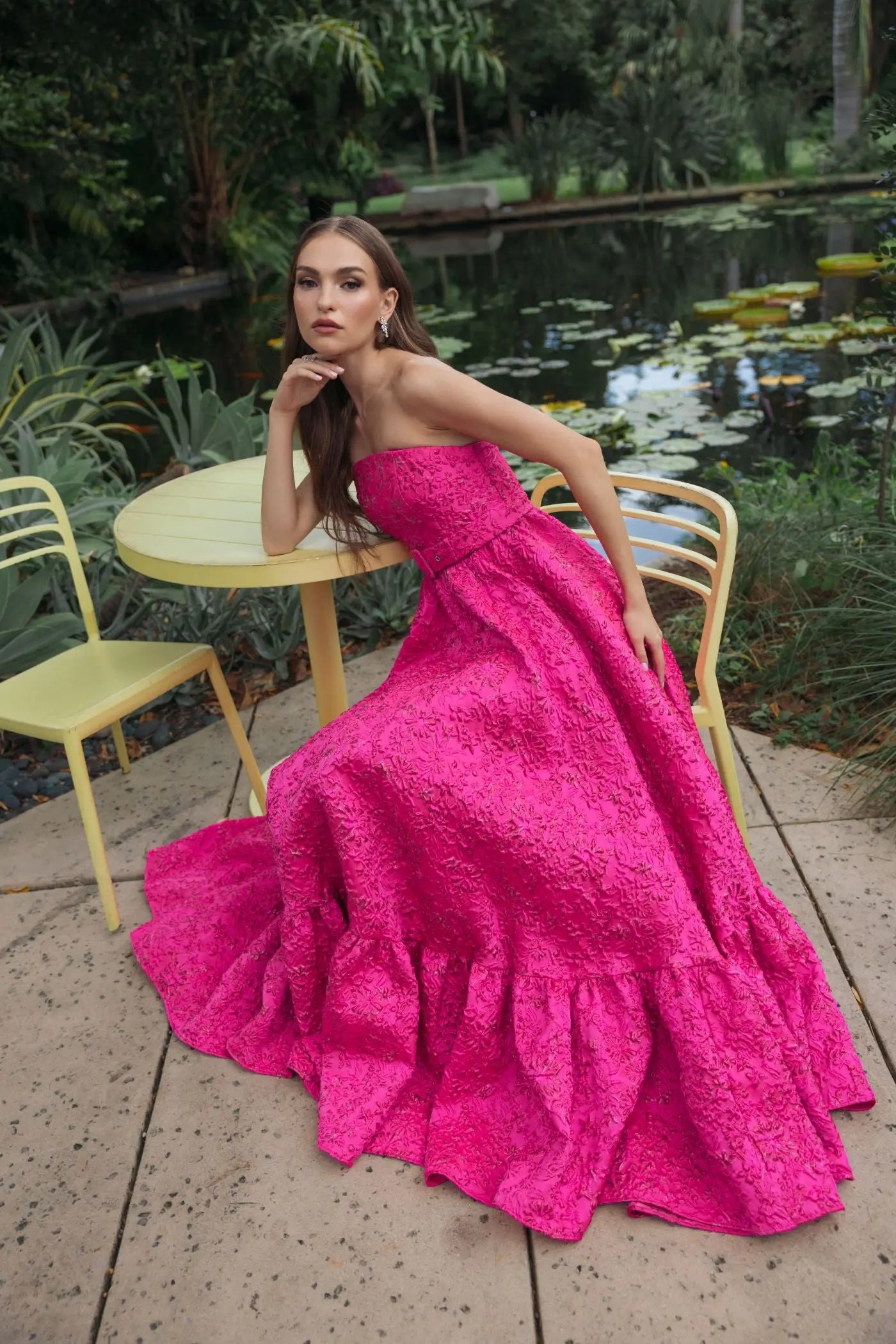 Pink Strapless Floral Brocade Ball Gown With Belt - Image 7