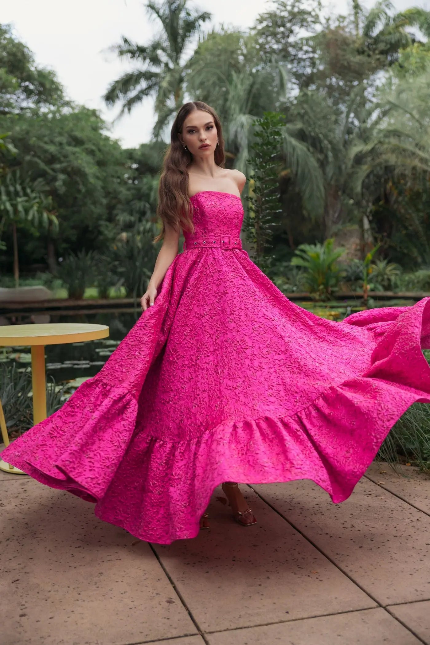 Pink Strapless Floral Brocade Ball Gown With Belt - Image 5
