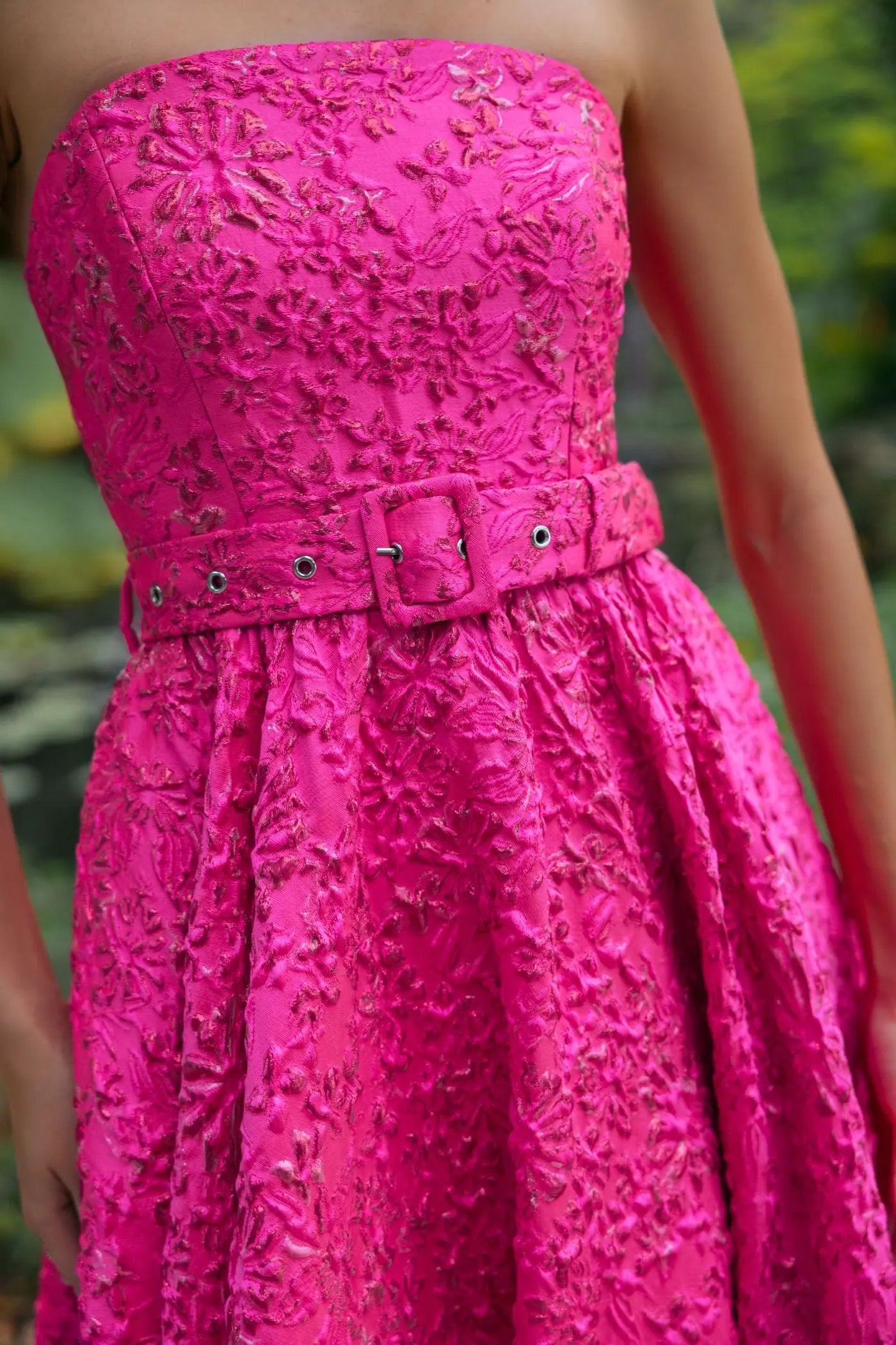 Pink Strapless Floral Brocade Ball Gown With Belt - Image 6
