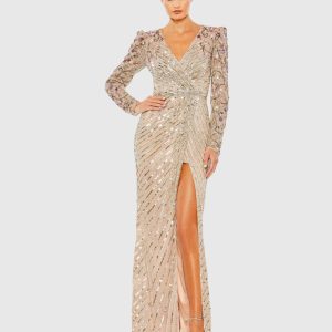 Beige Long Sleeve Embellished Puff Sleeve Faux Wrap Gown