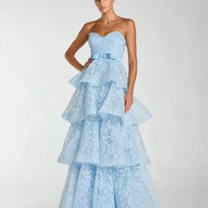 Blue Strapless Floral Organza Tiered Gown with Bow