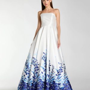 White Strapless Floral Printed Mikado Ball Gown
