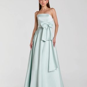 Green Strapless Satin Ball Gown With Bow Detail