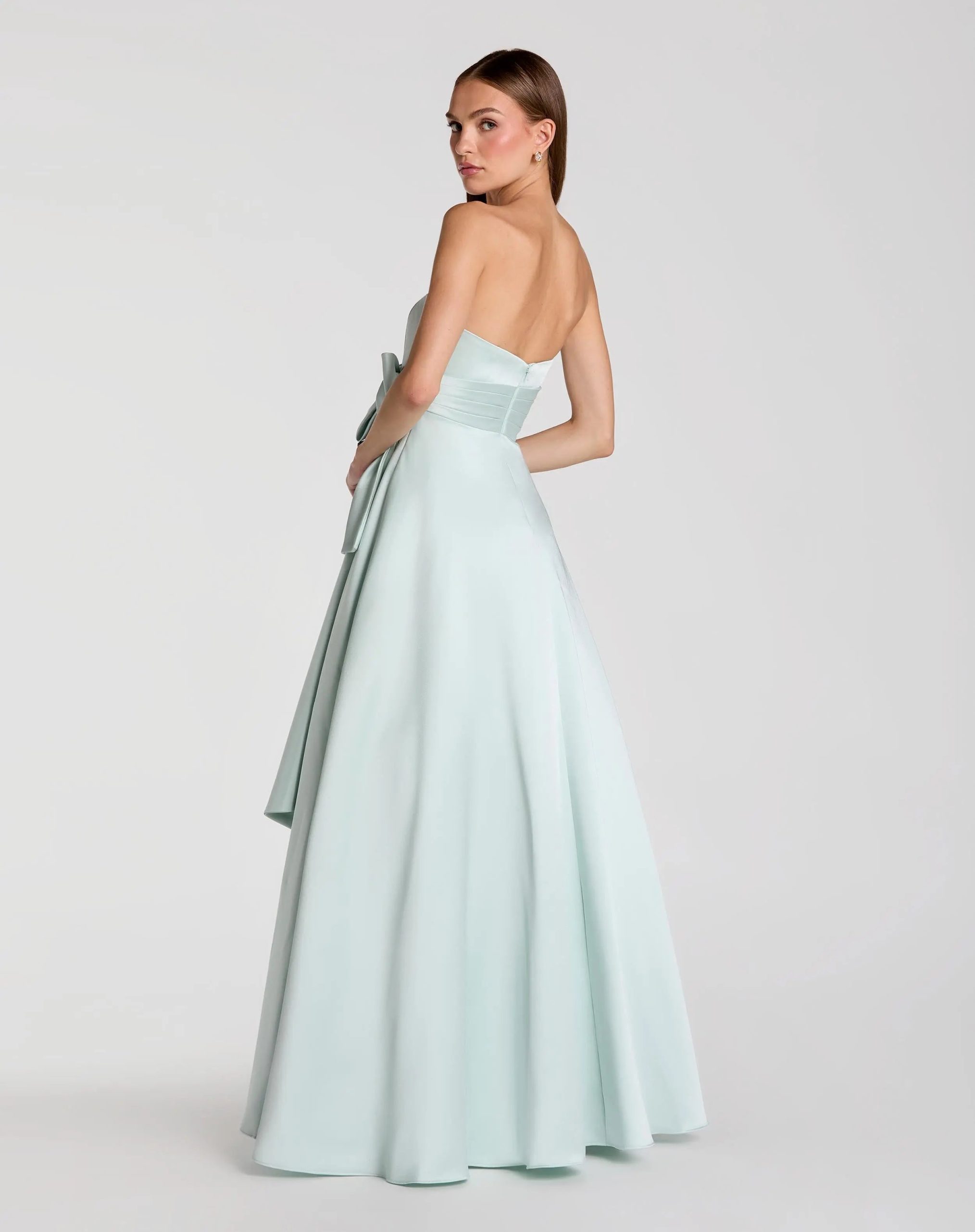 Green Strapless Satin Ball Gown With Bow Detail - Image 3