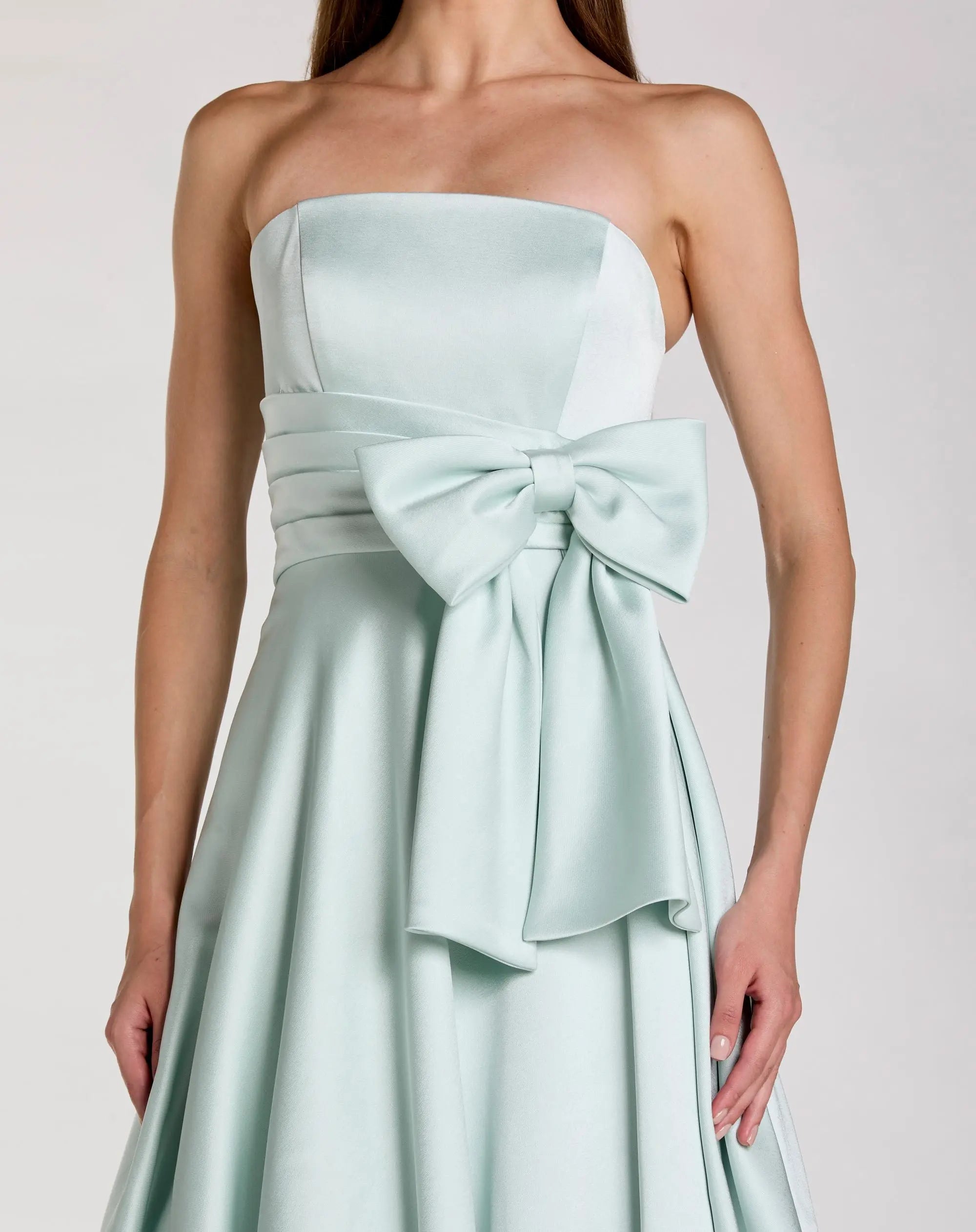 Green Strapless Satin Ball Gown With Bow Detail - Image 2