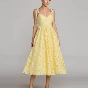 Yellow Lace Bow Strap Midi Dress