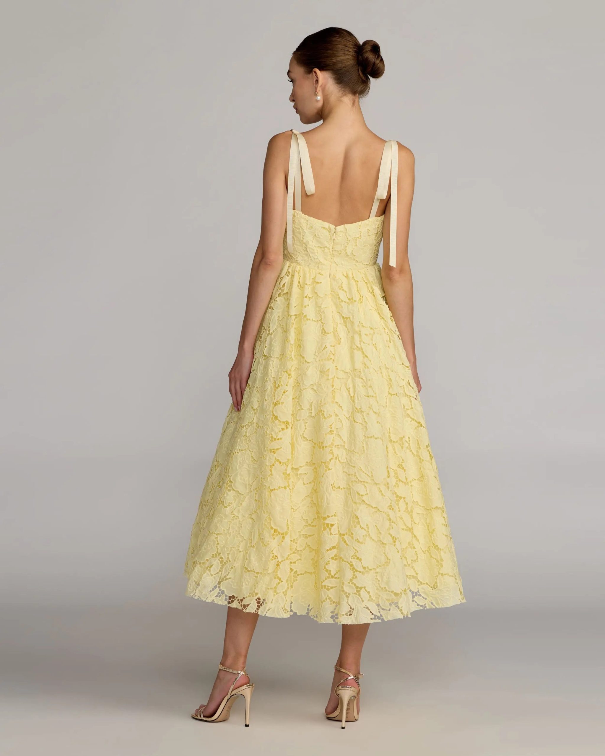 Yellow Lace Bow Strap Midi Dress - Image 4