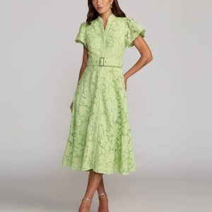 Green Embroidered Lace Belted Midi Dress