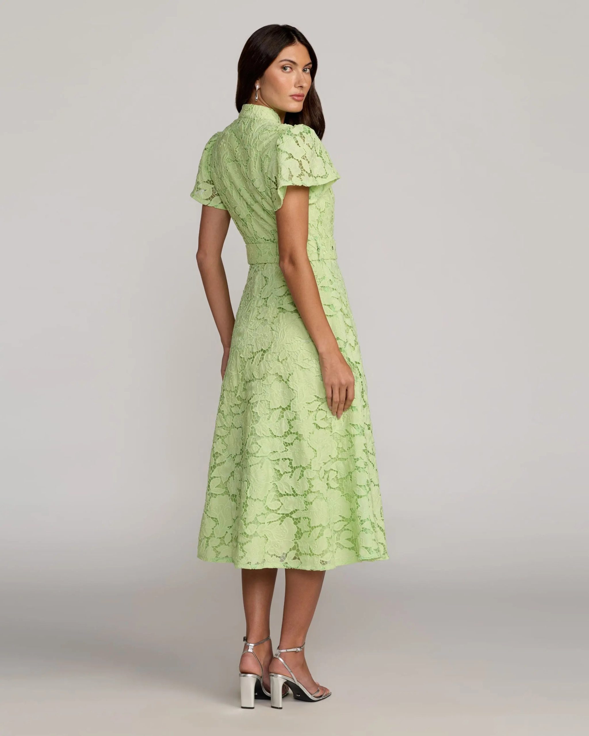 Green Embroidered Lace Belted Midi Dress - Image 4