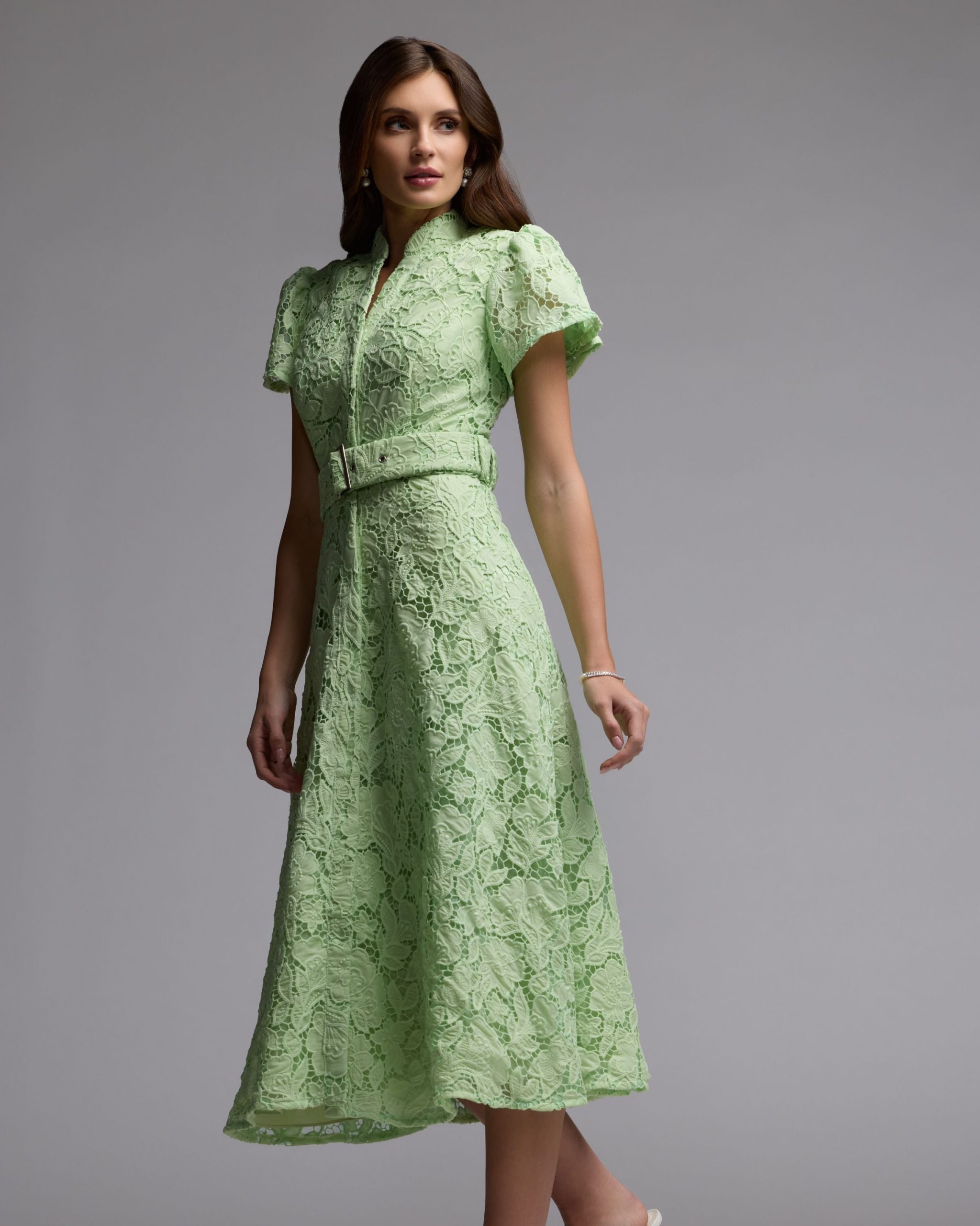 Green Embroidered Lace Belted Midi Dress - Image 7