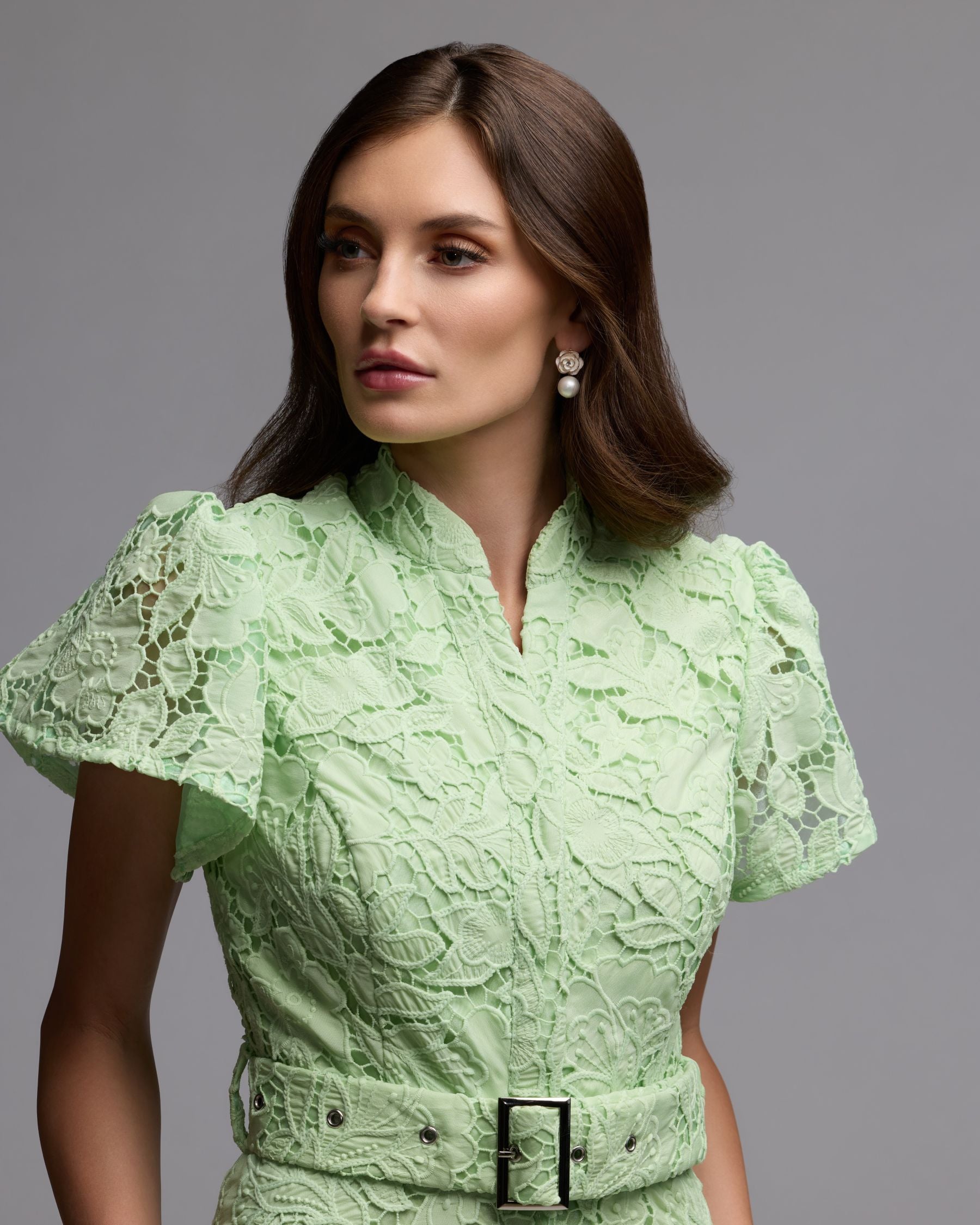 Green Embroidered Lace Belted Midi Dress - Image 6