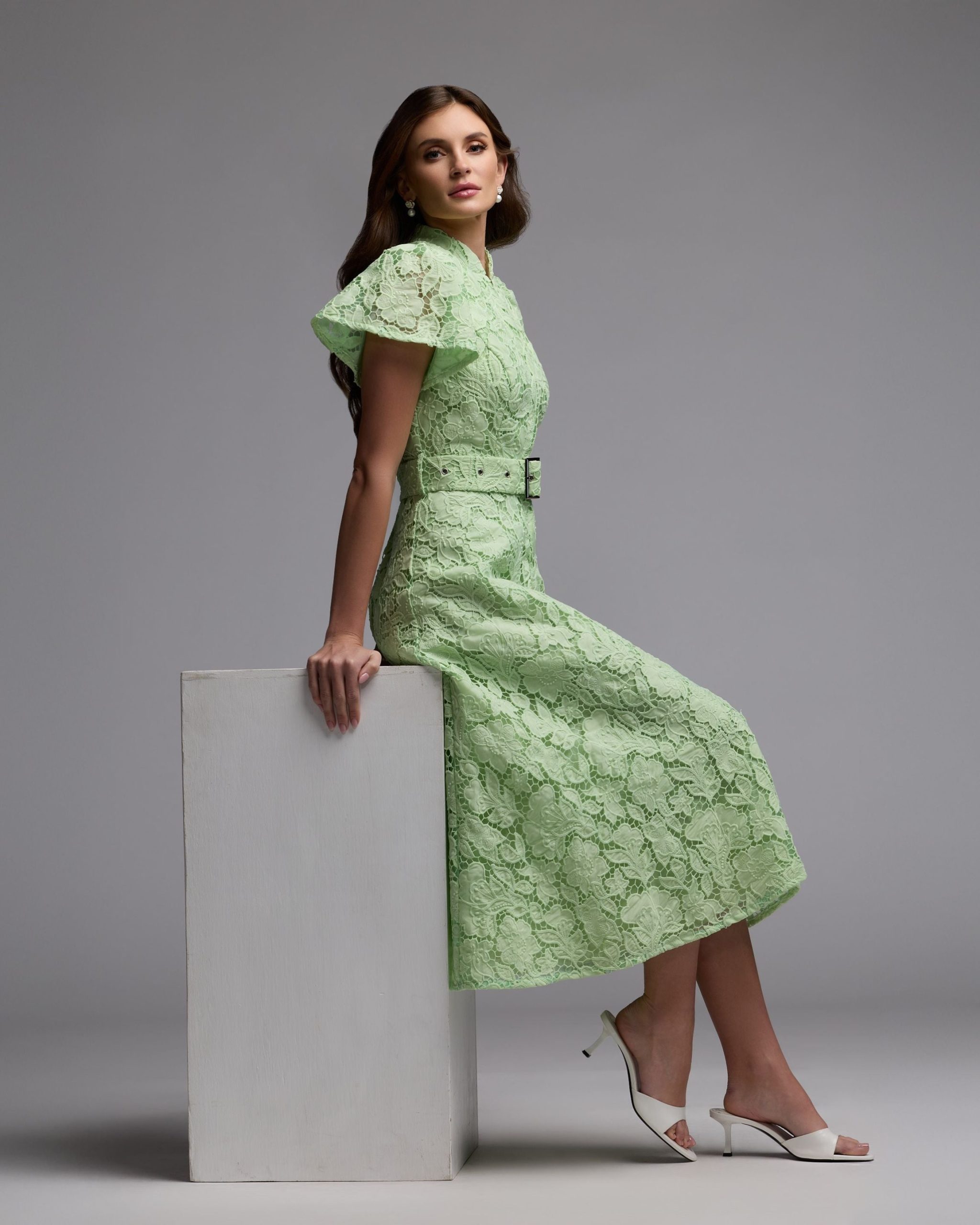 Green Embroidered Lace Belted Midi Dress - Image 5
